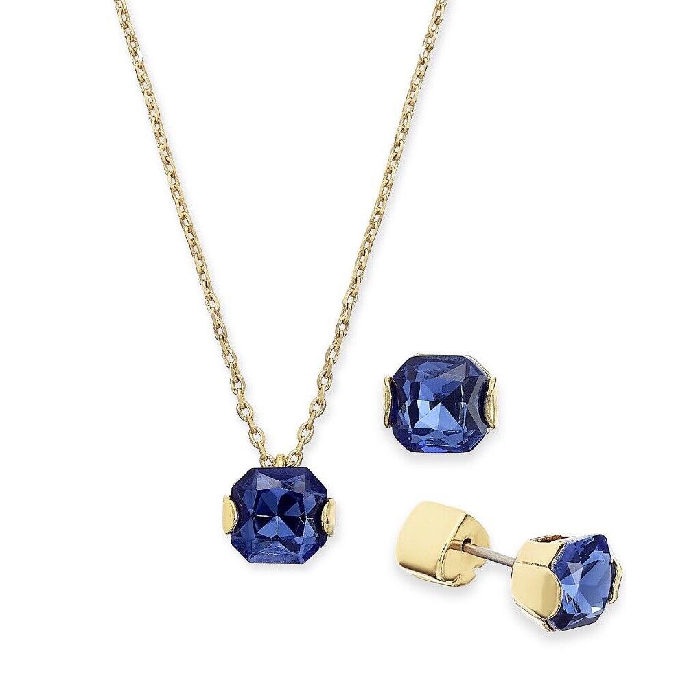 Kate Spade Princess Cut Blue CZ Pendant Necklace Stud Earrings SA3