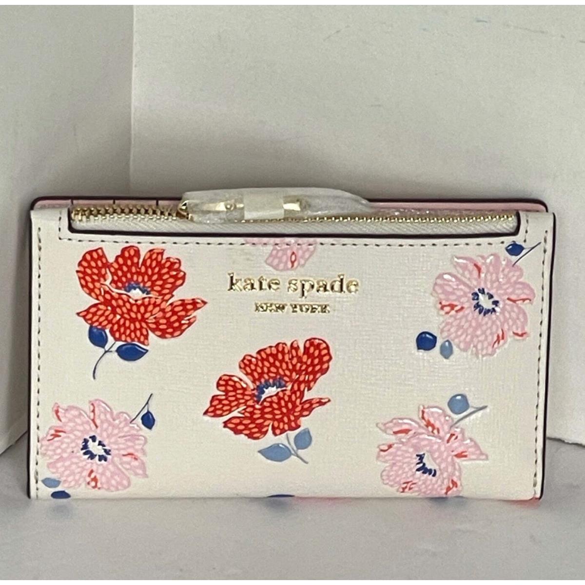 Kate Spade Morgan Dotty Floral Embossed Small Slim Bifold Wallet ID Leather White Orgpkg