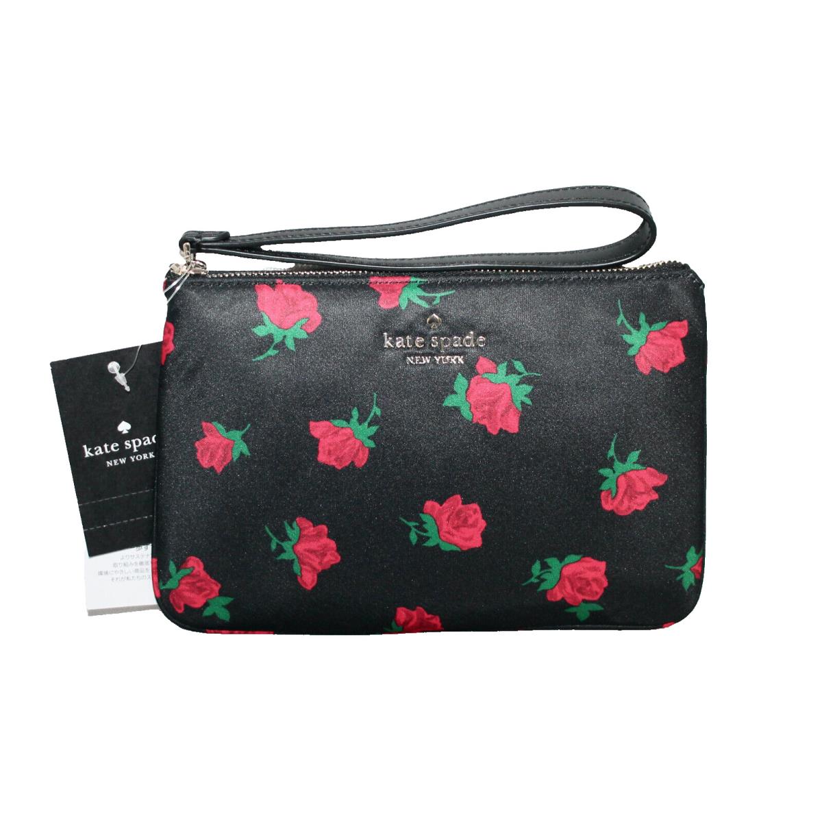 Kate Spade Chelsea Medium Wristlet Pouch Rose Toss Print Black Red Nylon KE615