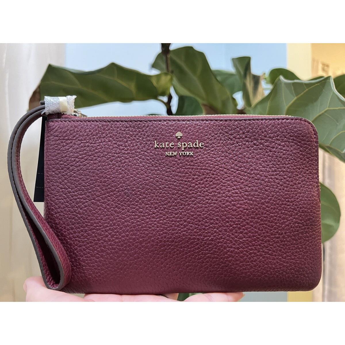 Kate Spade Leila Pebble Leather Medium Wristlet L Zip Deep Berry Wallet New