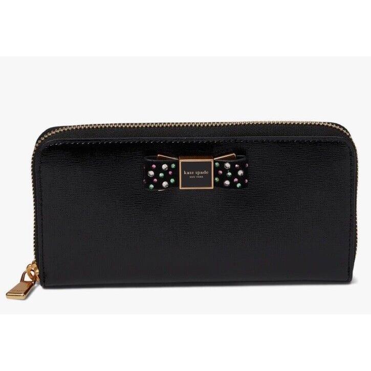 Kate Spade Bedazzled Morgan Bow Leather Zip Around Continental Wallet Black New