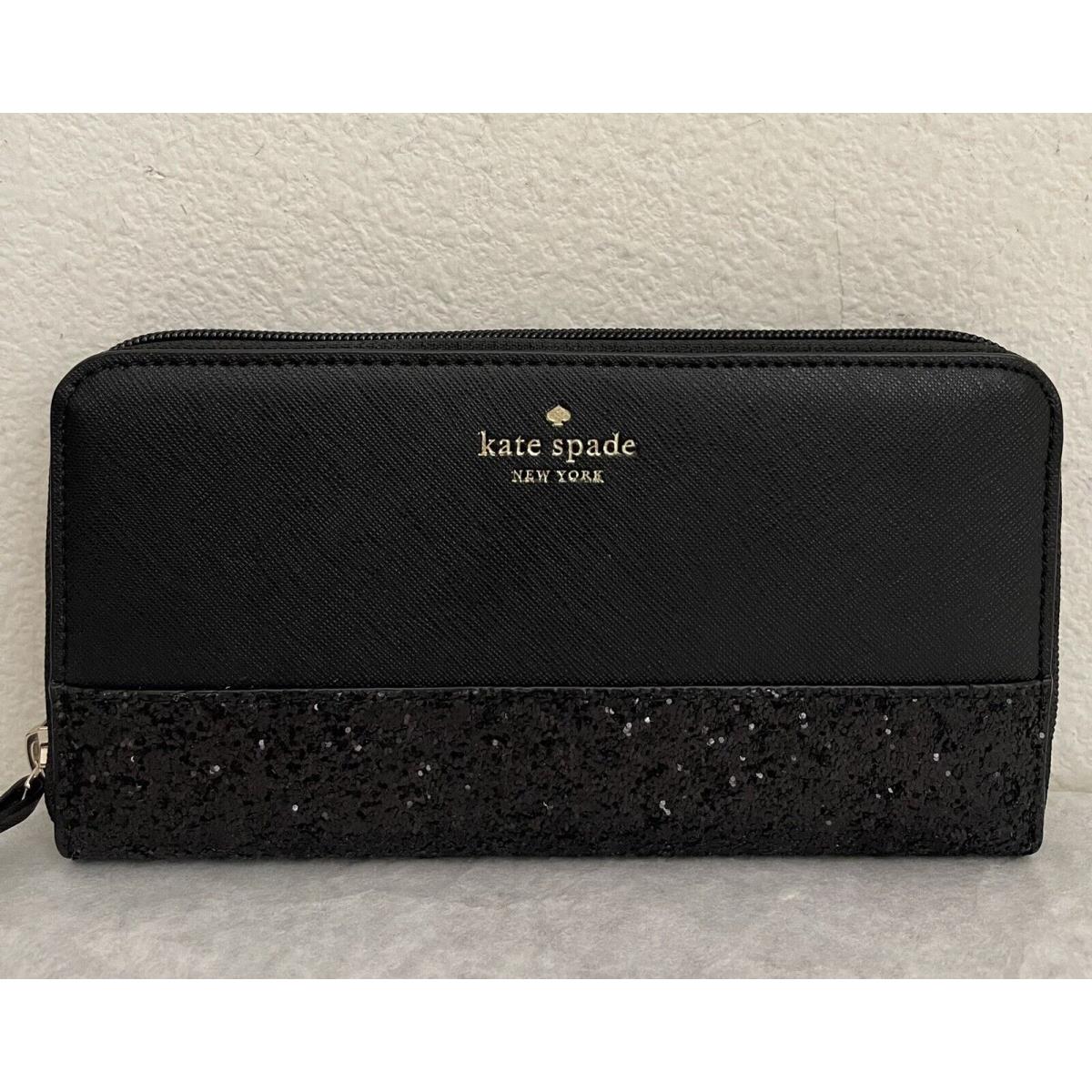 Kate Spade Greta Court Glitter Neda Zip Around Continental Wallet Black