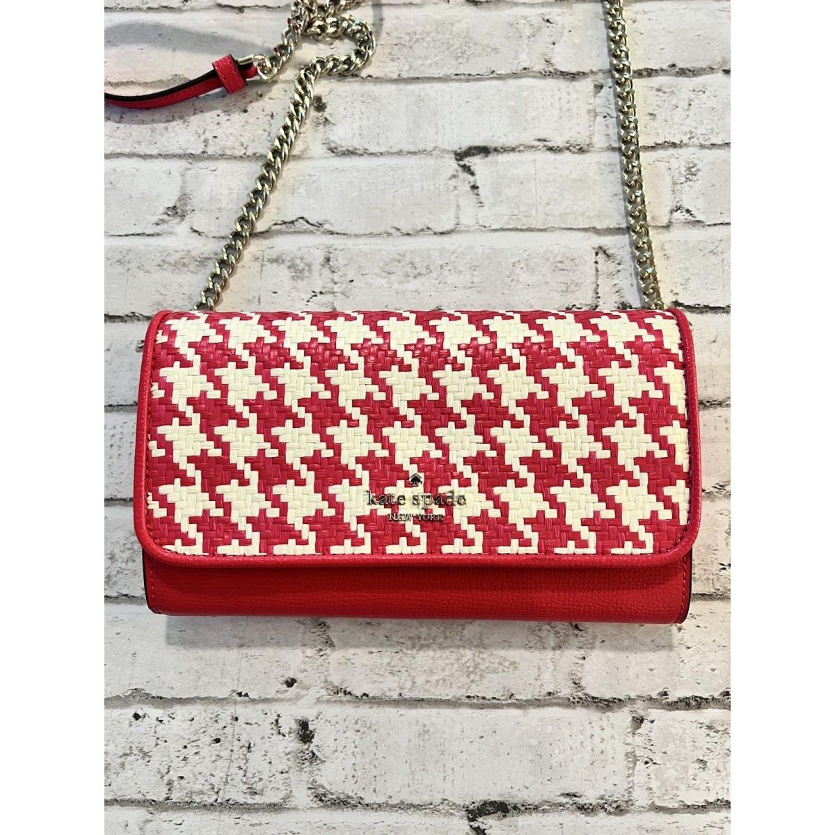 Kate Spade Darcy Chain Wallet Crossbody Clutch Pink White Houndstooth