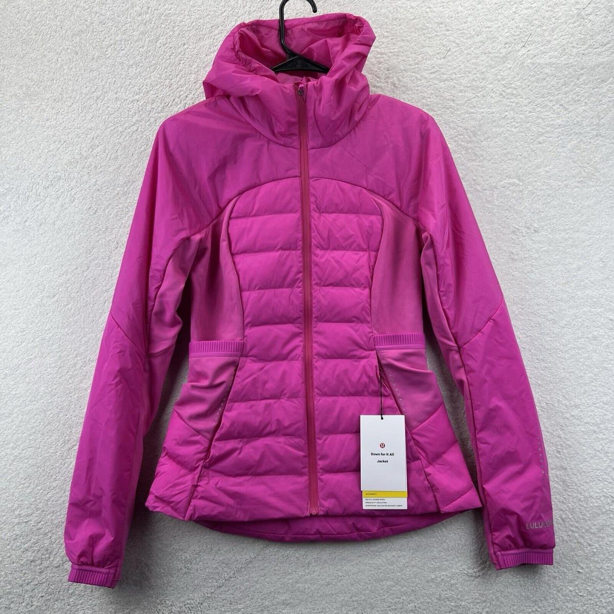 Lululemon Down For It All Women`s Sonic Pink Full Zip Hooded Jacket Size 6