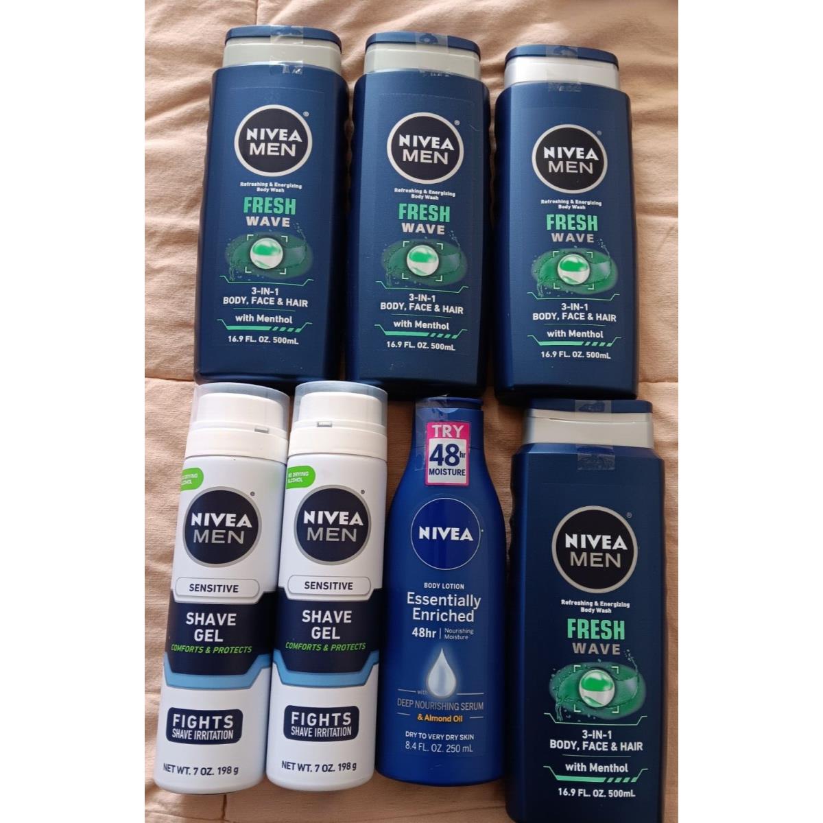 Nivea Men Fresh Wave Body Wash 16.9 oz Lotion 8.4 oz Sensitive Shave Gel 7oz Lot