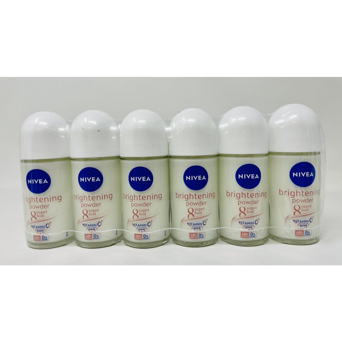 Nivea Brightening Powder Roll -on 6PK 0 Alcohol 48h Protection 50 ml Each