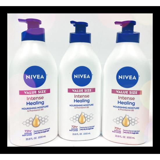 3 Bottles 33.8 fl oz Each Nivea Intense Healing Moisturizing Lotion