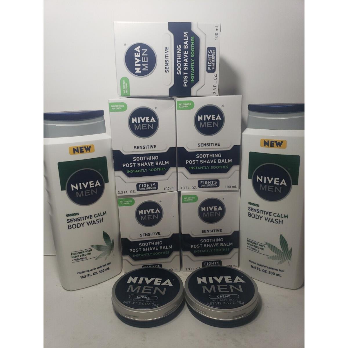 Lot of 9Nivea Men`s 2Sensitive Calm Body Wash 5Sensitive Post Balm 2Men Creme