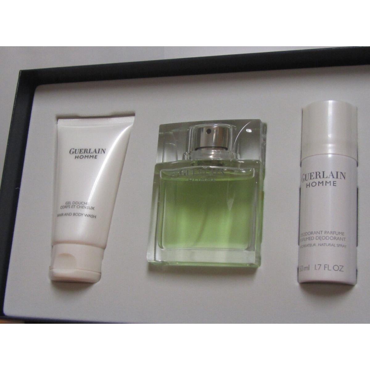 Guerlain Homme Men 3 Pcs Gift Set 2.7oz / 80 ml Edt spray/75ml Body Wash+deo Spr