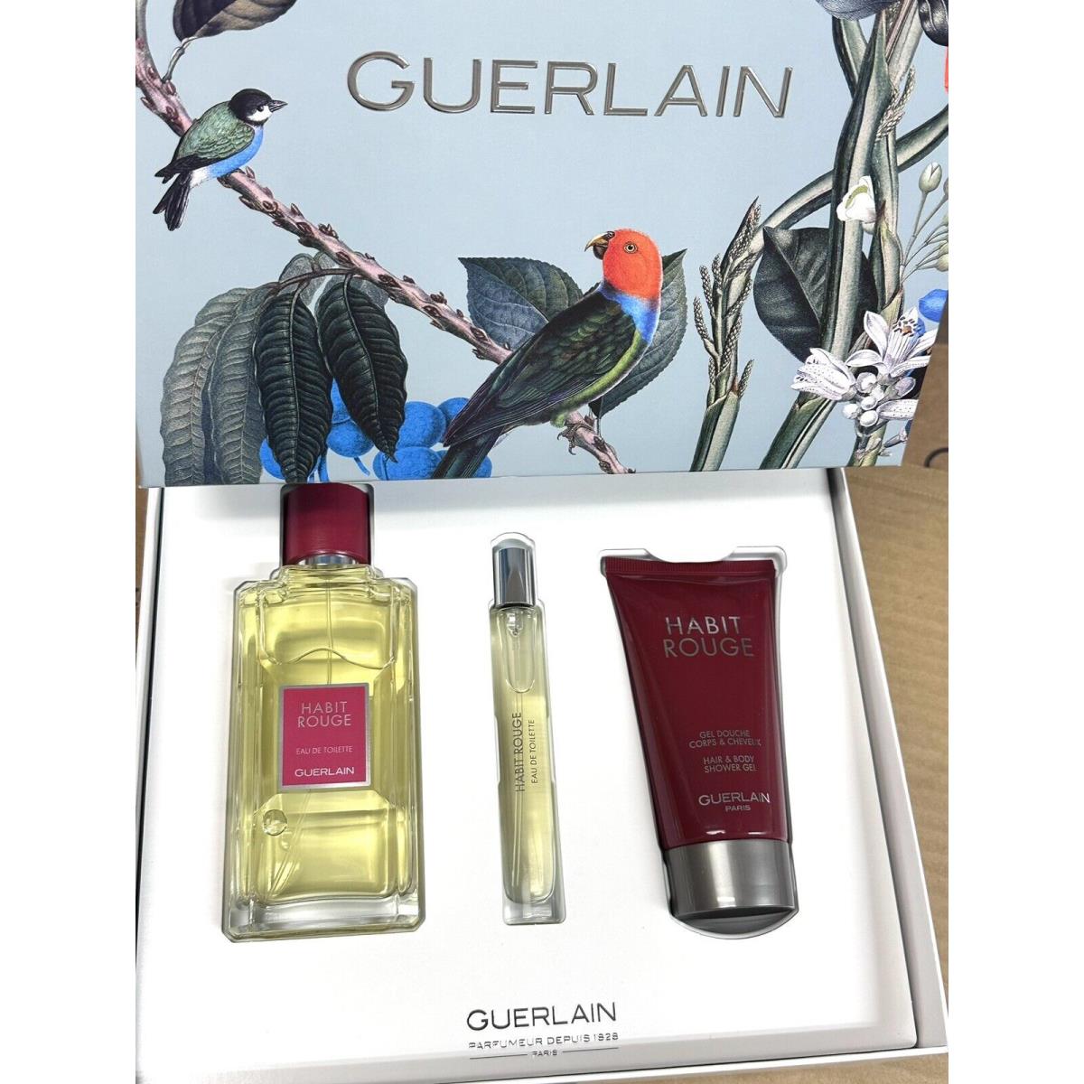 Guerlain Habit Rouge Men Eau de Toilette 3.3 Oz Set Shower Gel Pen Spray