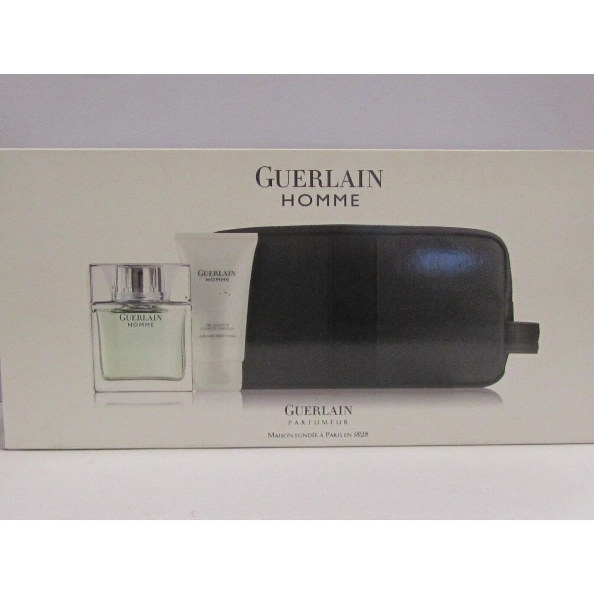 Guerlain Homme Men Set 2.7 oz Edt Spray + 2.5 oz Hair Body Wash + Travel Bag