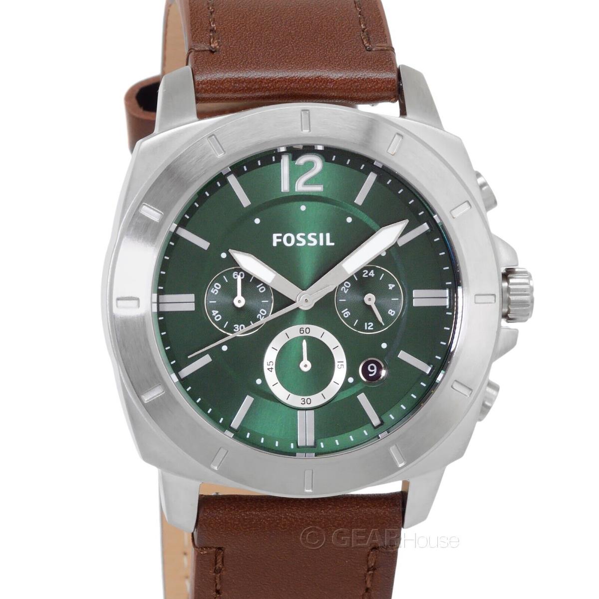 Fossil Privateer Mens Silver Chronograph Watch Green Dial Brown Leather Strap