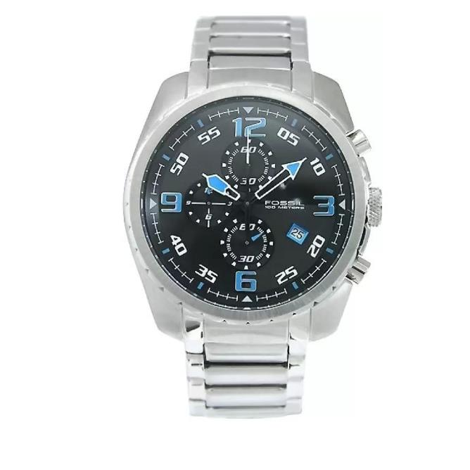 Fossil Men`s Blue Watch CH2507 Chronograph Stainless Steel Silver Tone Bracelet - Face: Black, Dial: Silver, Blue, Band: Silver