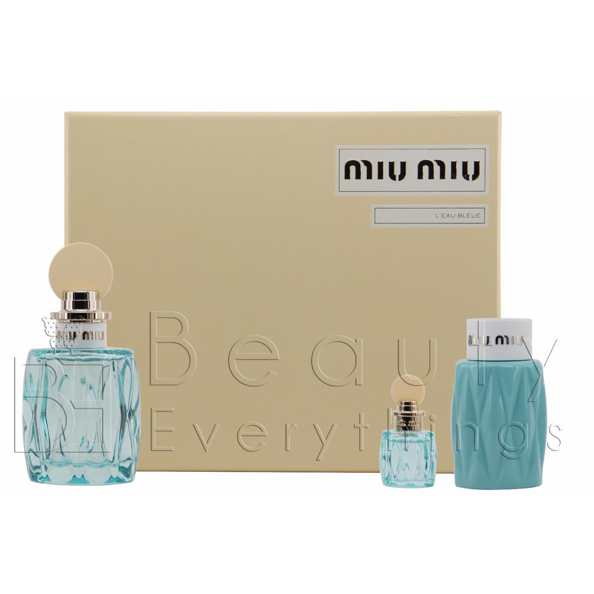 Miu Miu L`eau Bleue 3PC Gift Set 3.4ozEDP +3.4oz B/L+0.25ozEDP For Women