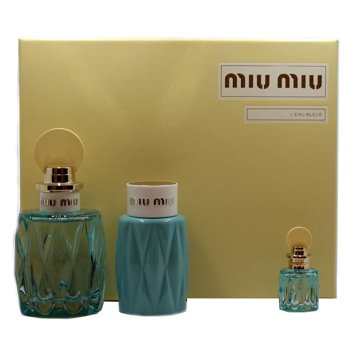 Miu Miu L`eau Bleue 3 Piece Gift Set with Eau DE Parfum Natural Spray 100ML