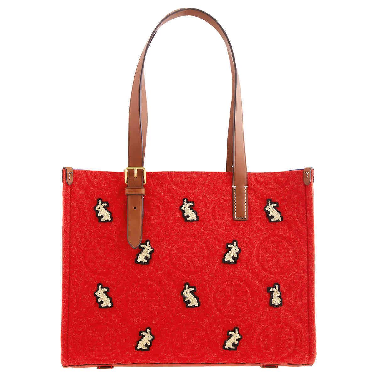 Tory Burch Red Small Rabbit T Monogram Embroidered Tote 143382-601