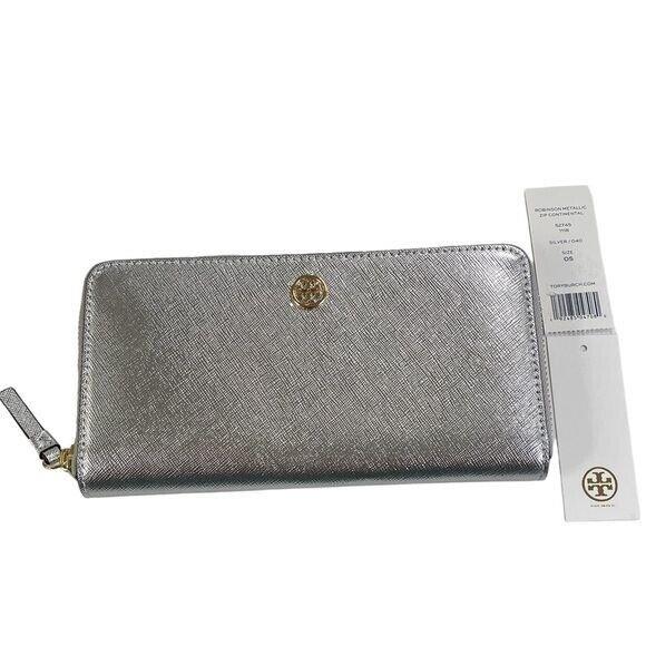 Tory Burch Robinson Metallic Silver Zip Continental Saffiano Leather Wallet