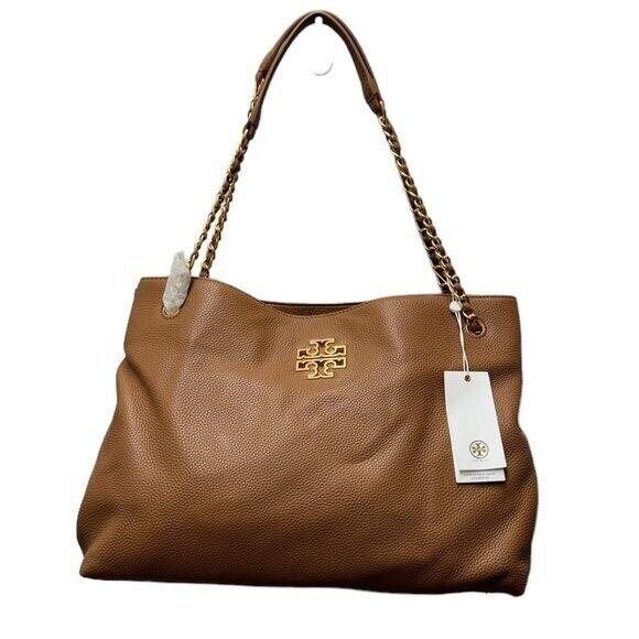 Tory Burch Tripled Compartment Britten Tote Leather Bark Gold Chain Accent