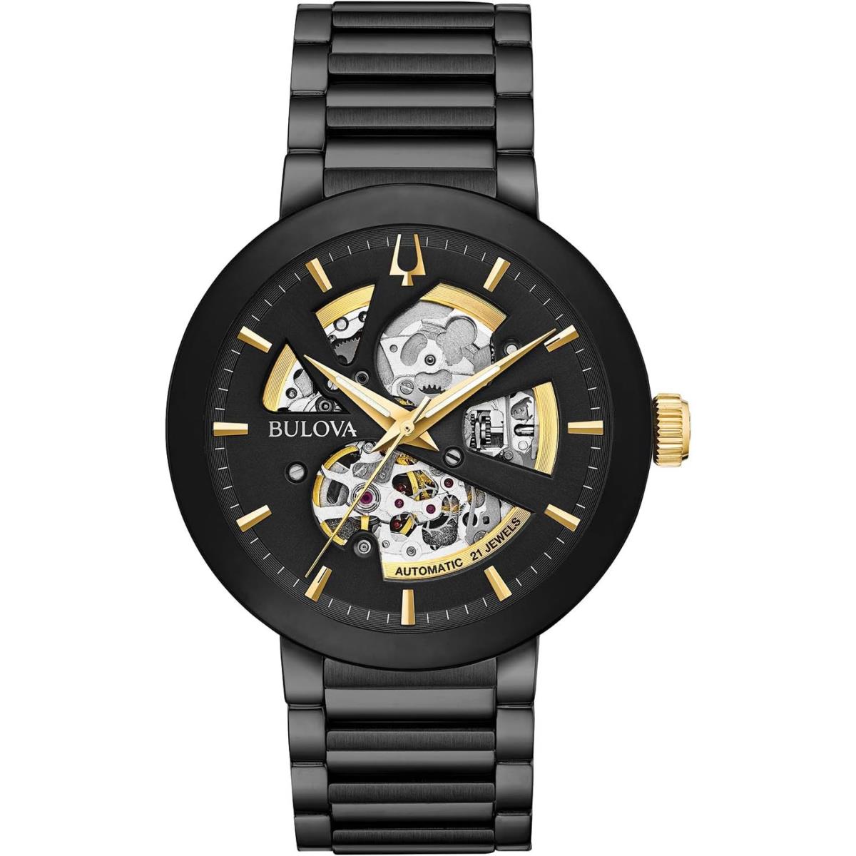 Bulova Men`s Modern Automatic Watch with Open Aperture Dial Black Ion-Plated/Gold Tone Accents
