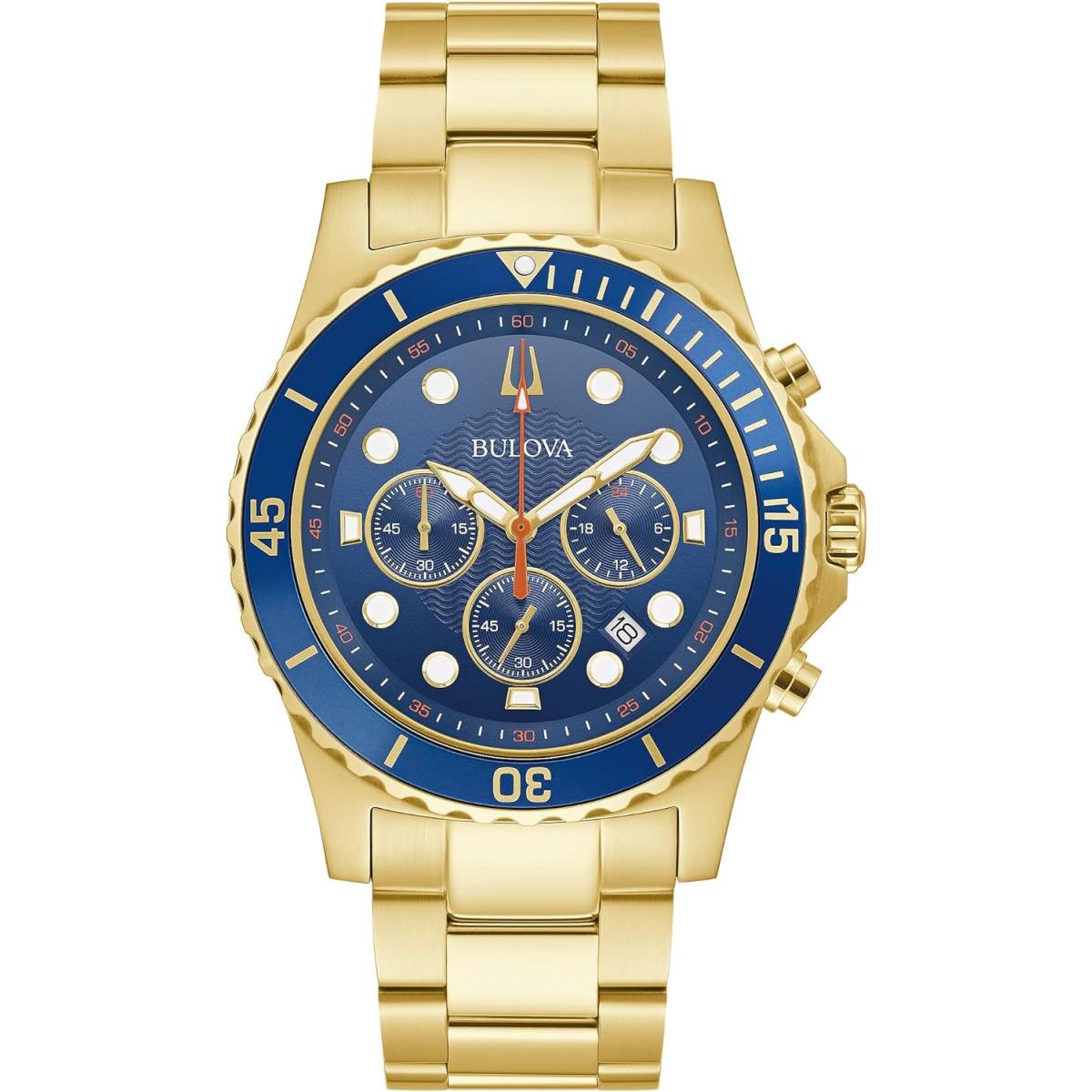 Bulova Men`s Classic Sport Chronograph Watch 100M Water Resistant Gold Tone/Blue Dial