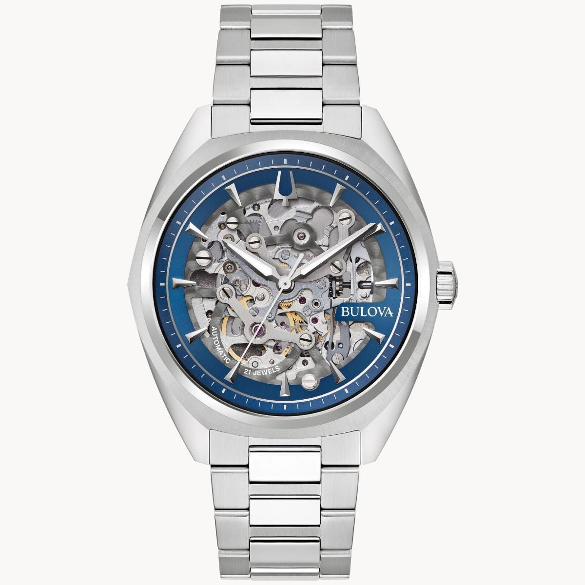 Bulova Surveyor Automatic Skeleton Blue Dial Stainless Steel 41mm Watch 96A292 - Dial: Blue, Band: Silver