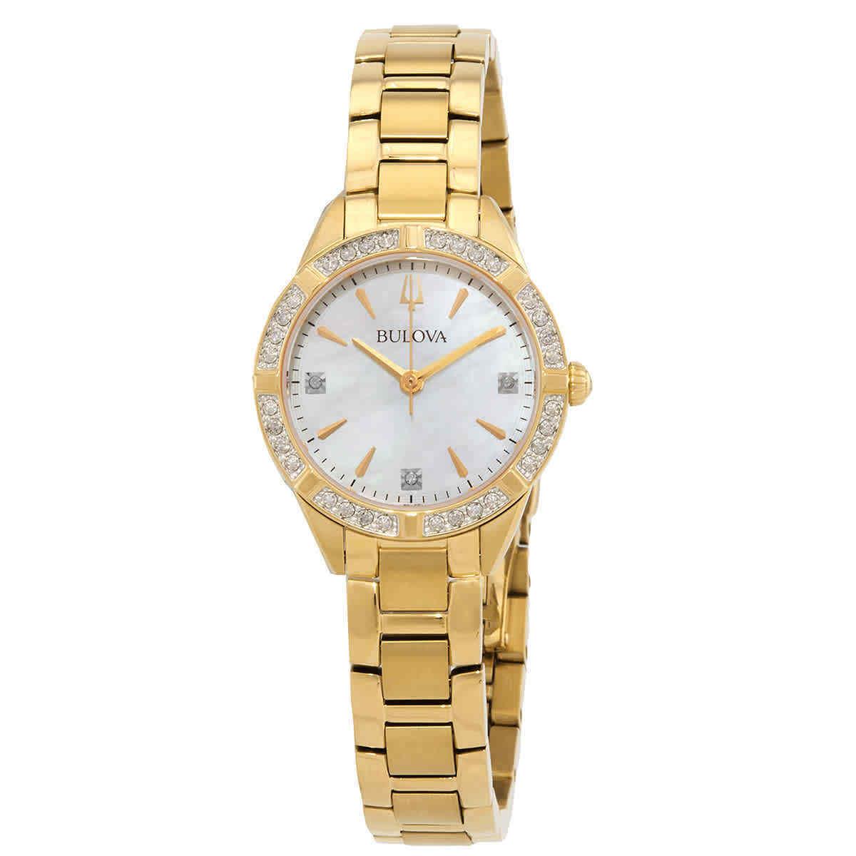 Bulova Sutton Quartz Diamond White Mop Dial Ladies Watch 98R297 - Dial: White Mother of Pearl, Band: Gold-tone, Bezel: Gold-tone