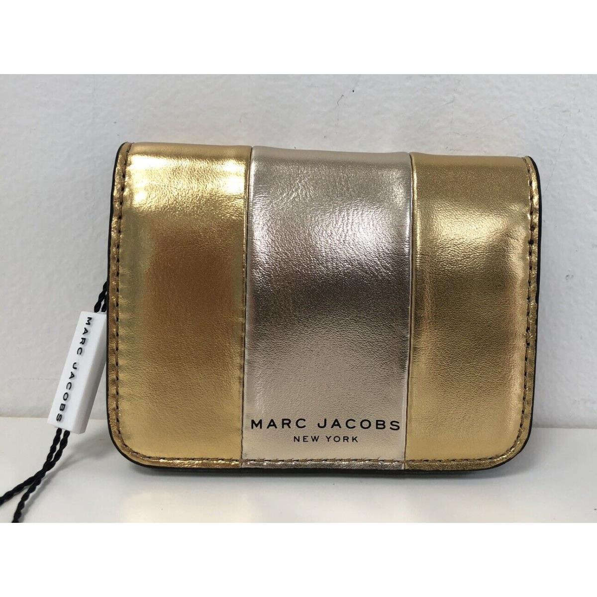 Marc Jacobs Bifold Mini Wallet Cards Holder Metallic Leather Gold Silver