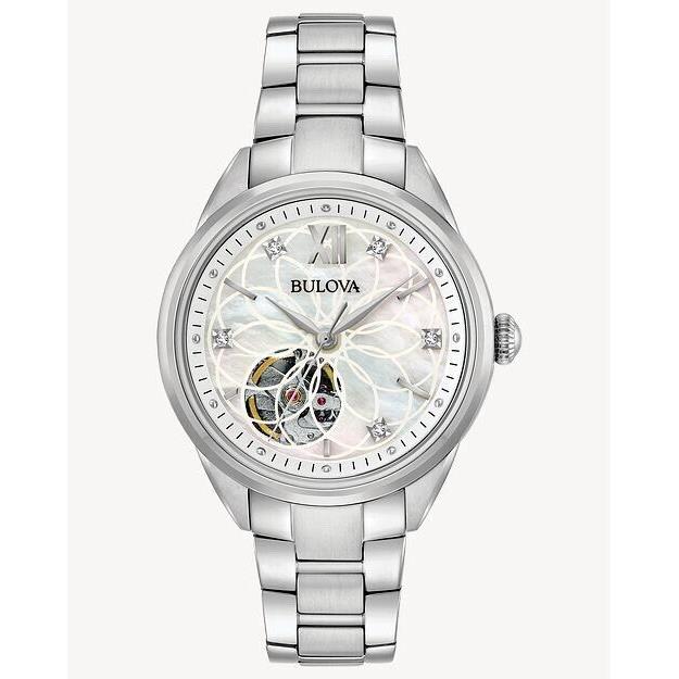 Bulova Ladies Automatic Open Heart Mother-of-pearl Diamond Watch - Dial: Silver, White, Band: Silver, Bezel: Silver