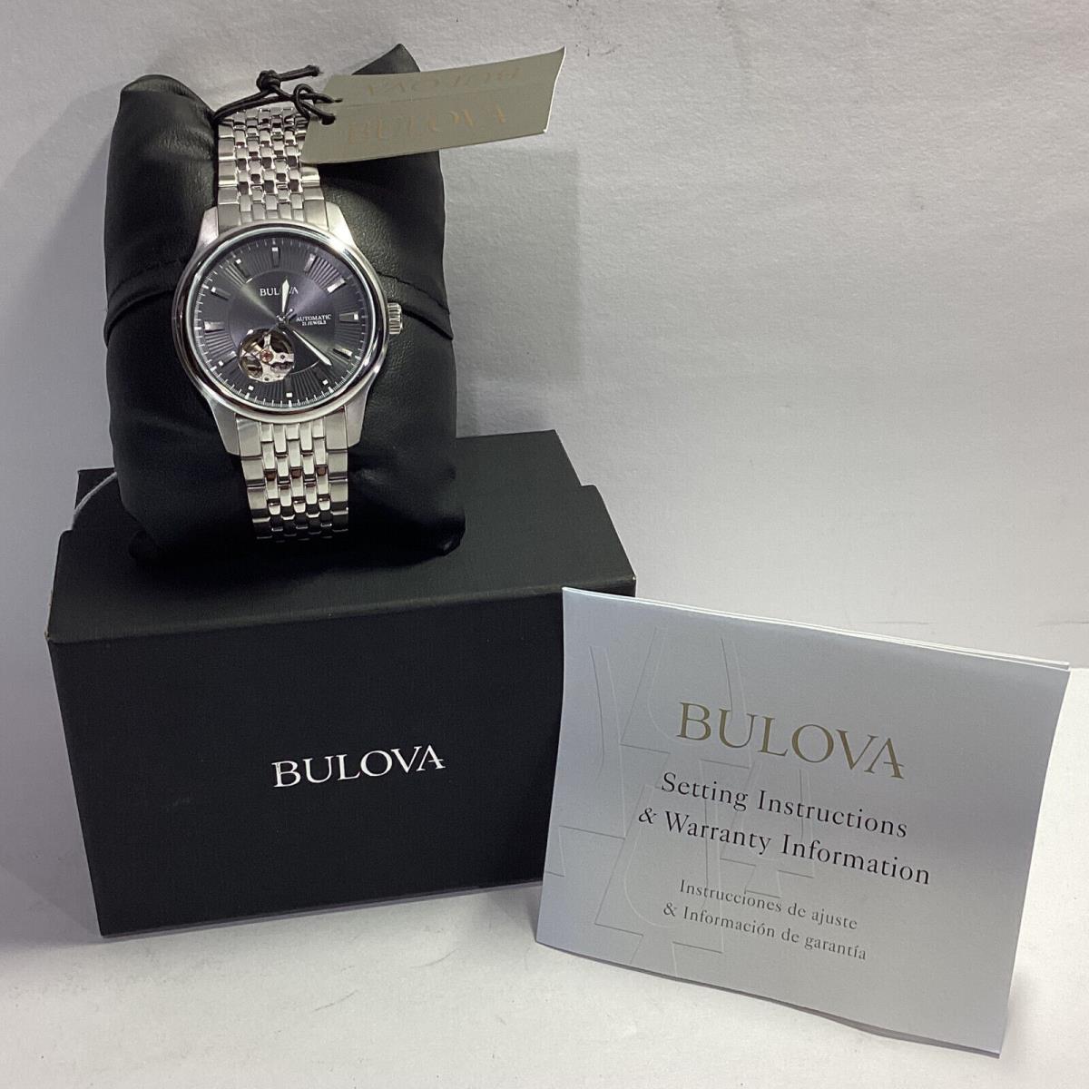 Bulova Mens Automatic 21 Jewels Silver Skeleton Watch 96A190 W/tags