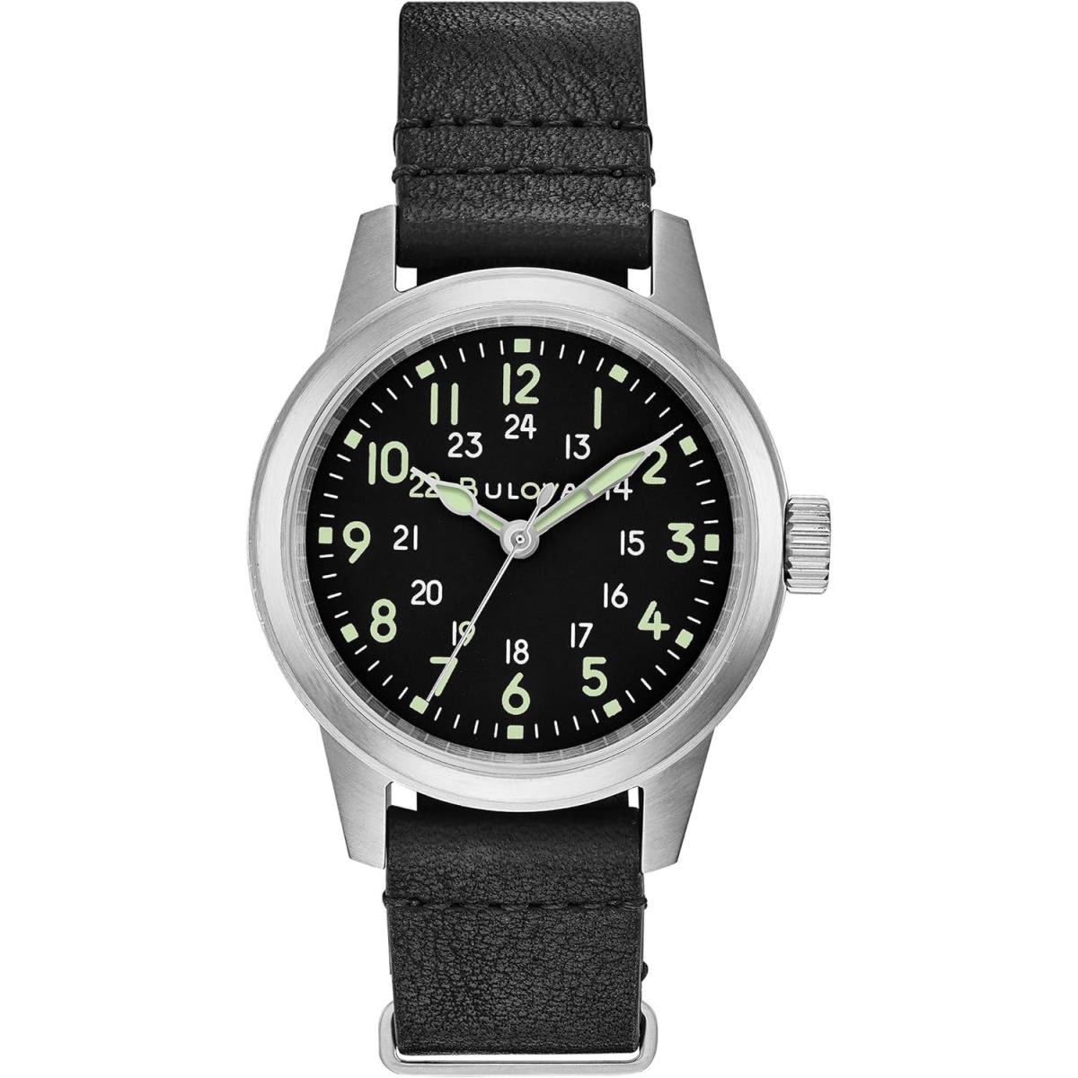 Bulova Military Hack Quartz Watch Black Dial Leather Nato Strap