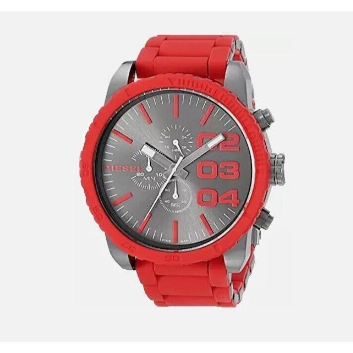 Diesel Mens Double Down 51 Mens Gunmetal Red Silicone Chrono Dial Watch DZ4289