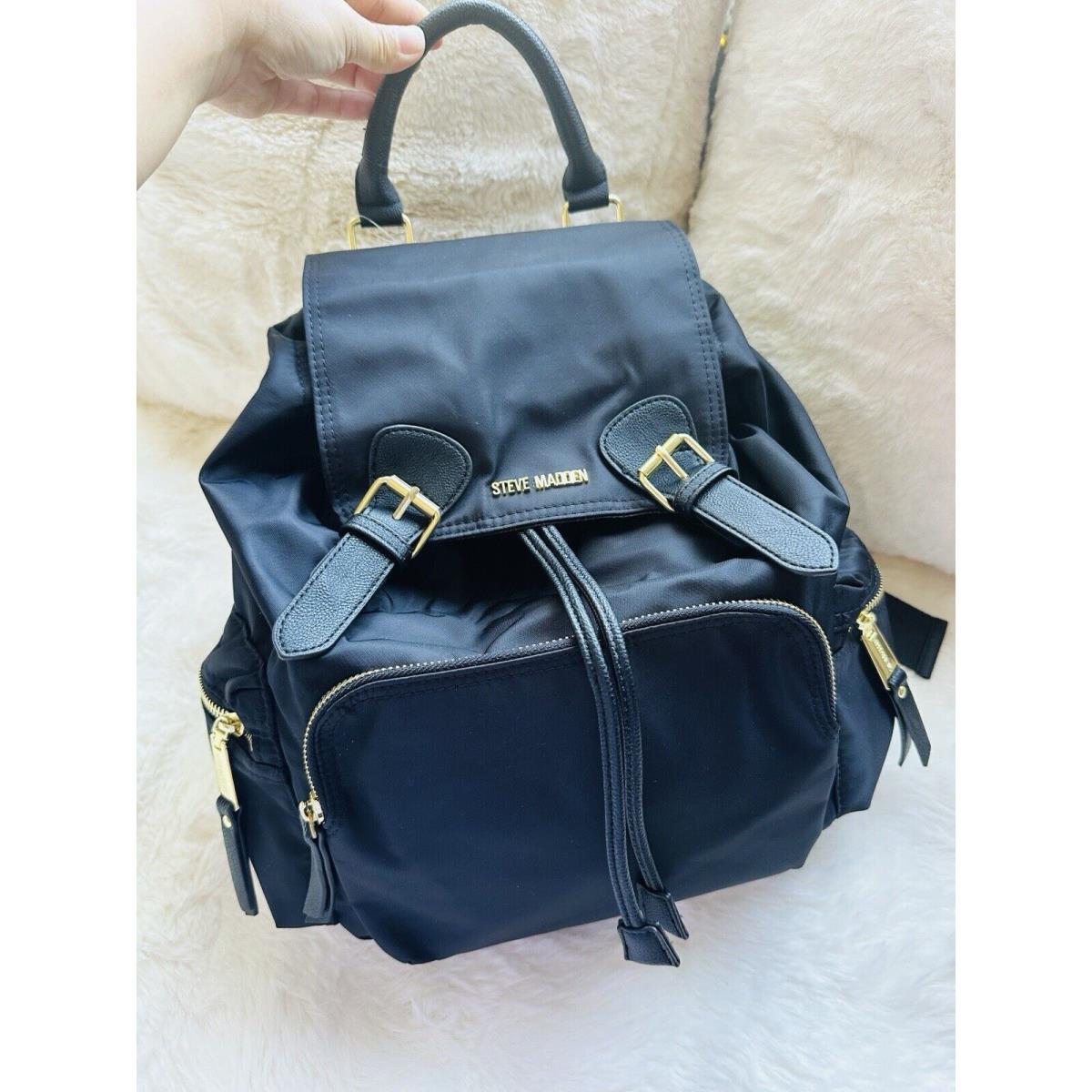 Steve Madden Bsolly Backpack Adjustable Straps Black Gold Burberry Dupe