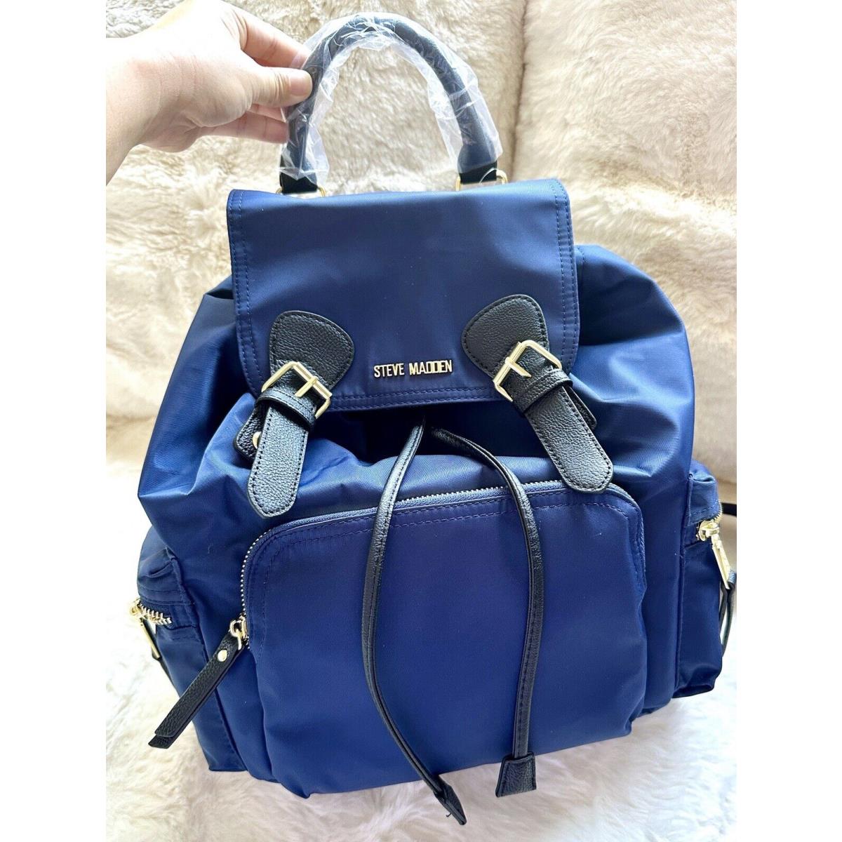 Steve Madden Bsolly Backpack Adjustable Straps Navy Blue Gold Burberry Dupe