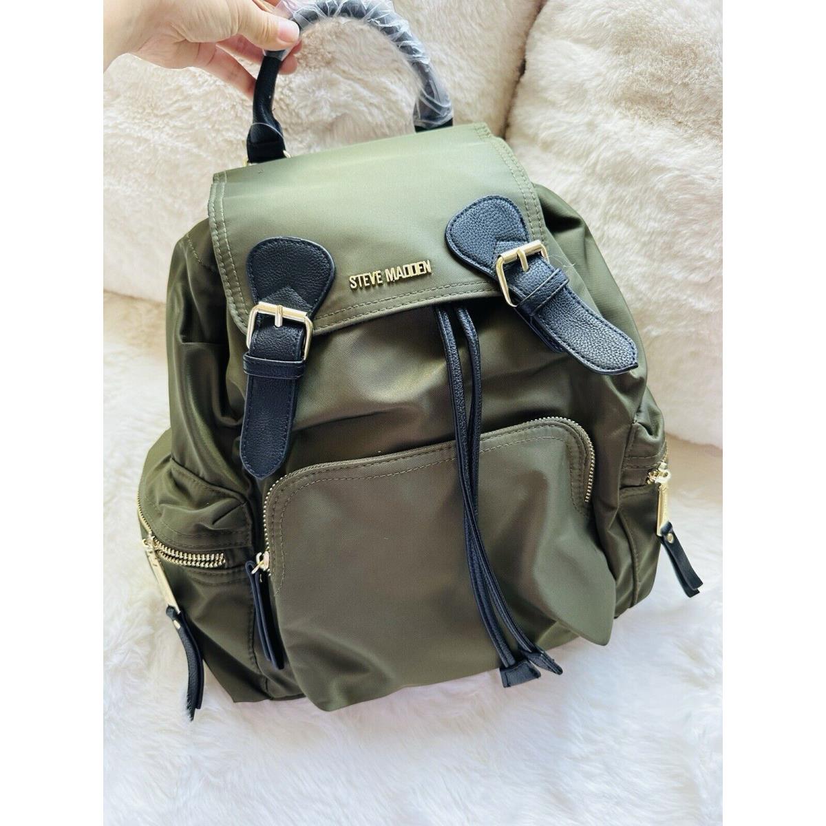 Steve Madden Bsolly Backpack Adjustable Straps Olive Green Burberry Dupe