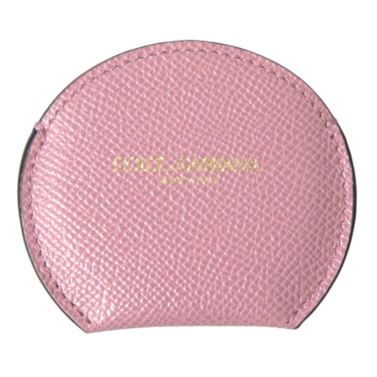 Dolce Gabbana Pink Calfskin Leather Round Logo Print Hand Mirror Holder