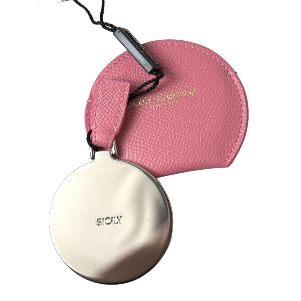 Dolce Gabbana Pink Calfskin Leather Round Logo Print Hand Mirror Holder