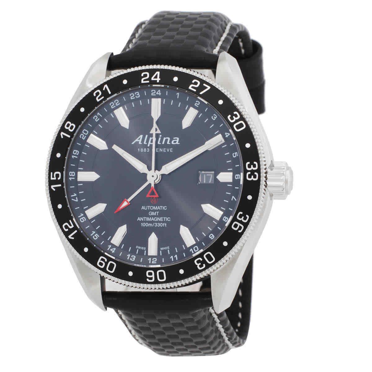 Alpina Alpiner 4 Gmt Automatic Black Dial Men`s Watch AL-550G5AQ6-SR - Dial: Black, Band: Black, Bezel: Silver-tone