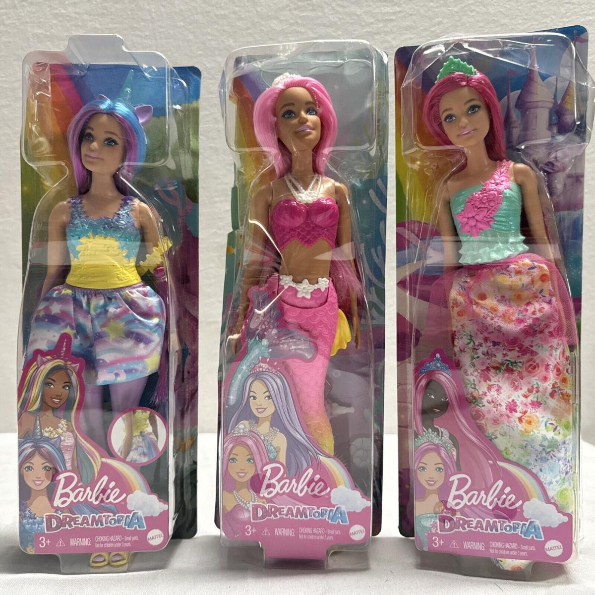 3 x Barbie Dreamtopia Dolls Unicorn Mermaid Royal Fantasy Dolls Distress Box