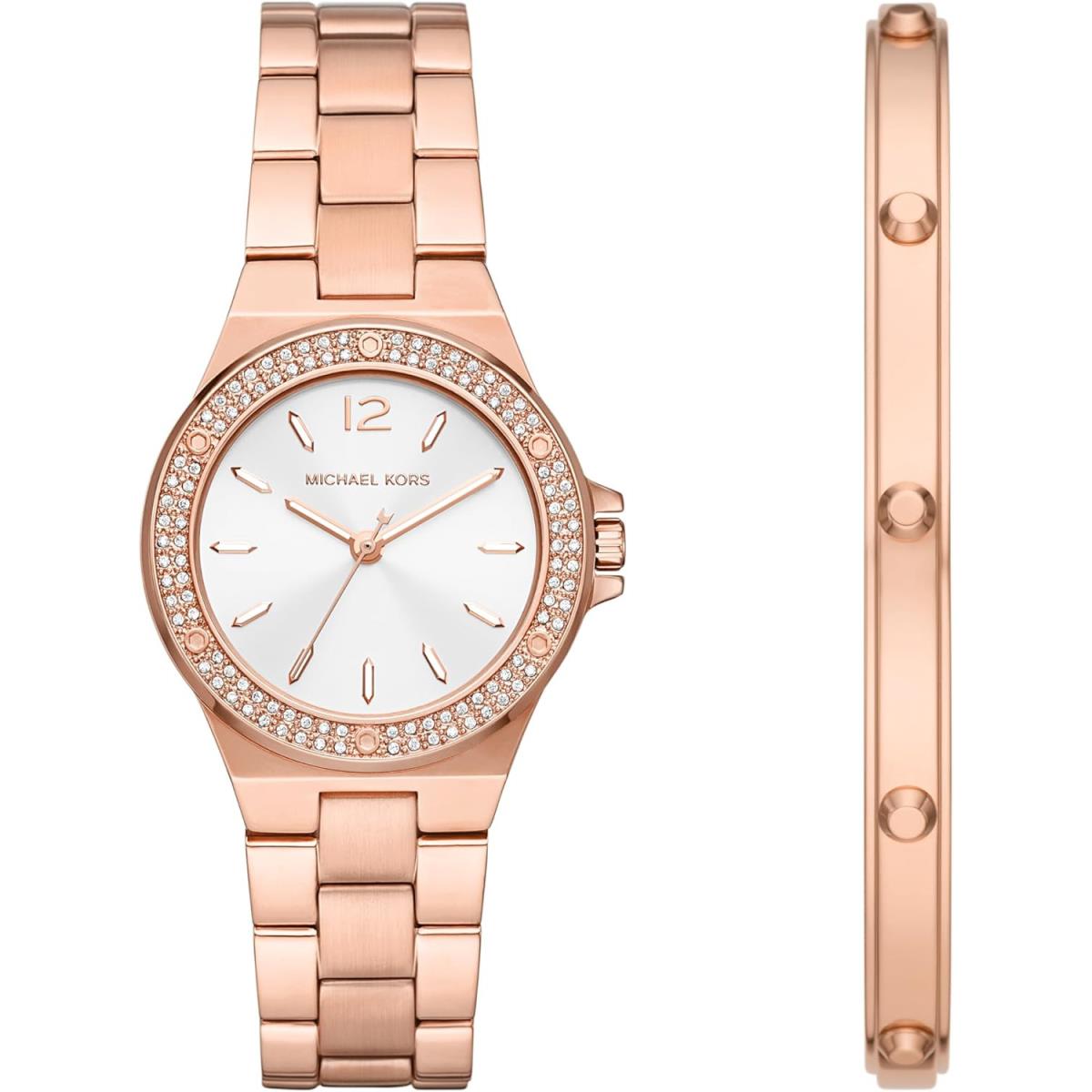 Michael Kors Lennox Women`s Watch Stainless Steel Watch For Women with Steel Rose Gold/Bracelet Set