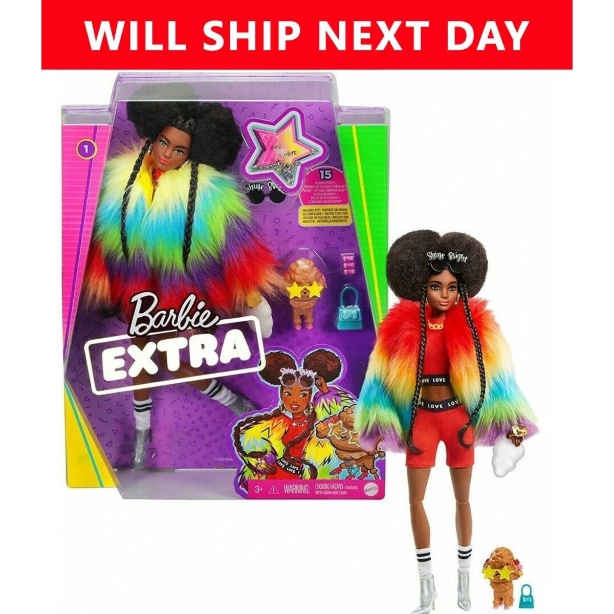 Barbie Extra Doll in Rainbow Coat with Pet Poodle