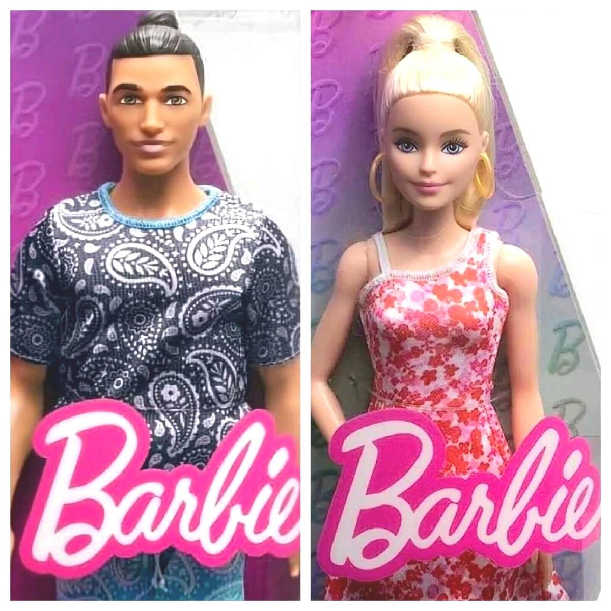 2 Barbie and Ken 2-Pack Doll 205 Blonde Pink Red Floral Brown Hair Bun Set