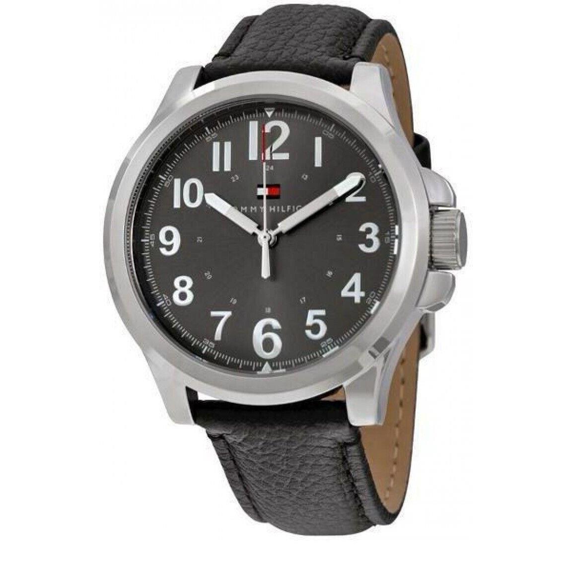 Tommy Hilfiger Essentials Gray Dial Black Leather Straps Men Watch 1791150