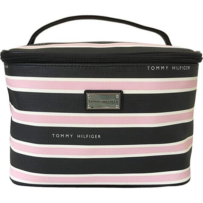 Tommy Hilfiger Cosmetic Case Bag Train Case Black Pink Stripe Logo