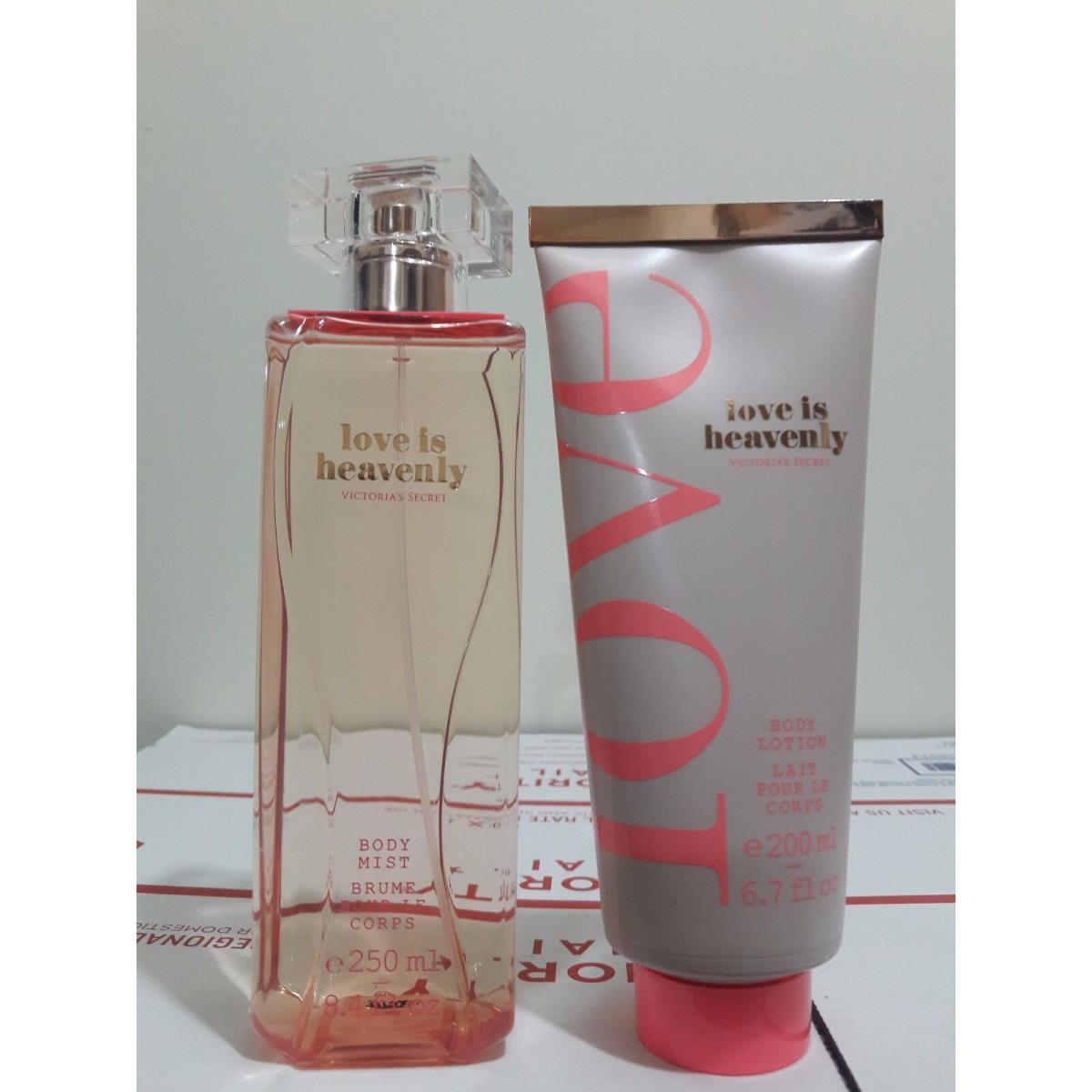 2PC Victoria`s Secret Love IS Heavenly Body Mist 8.4 OZ Body Lotion 6.7 OZ Set