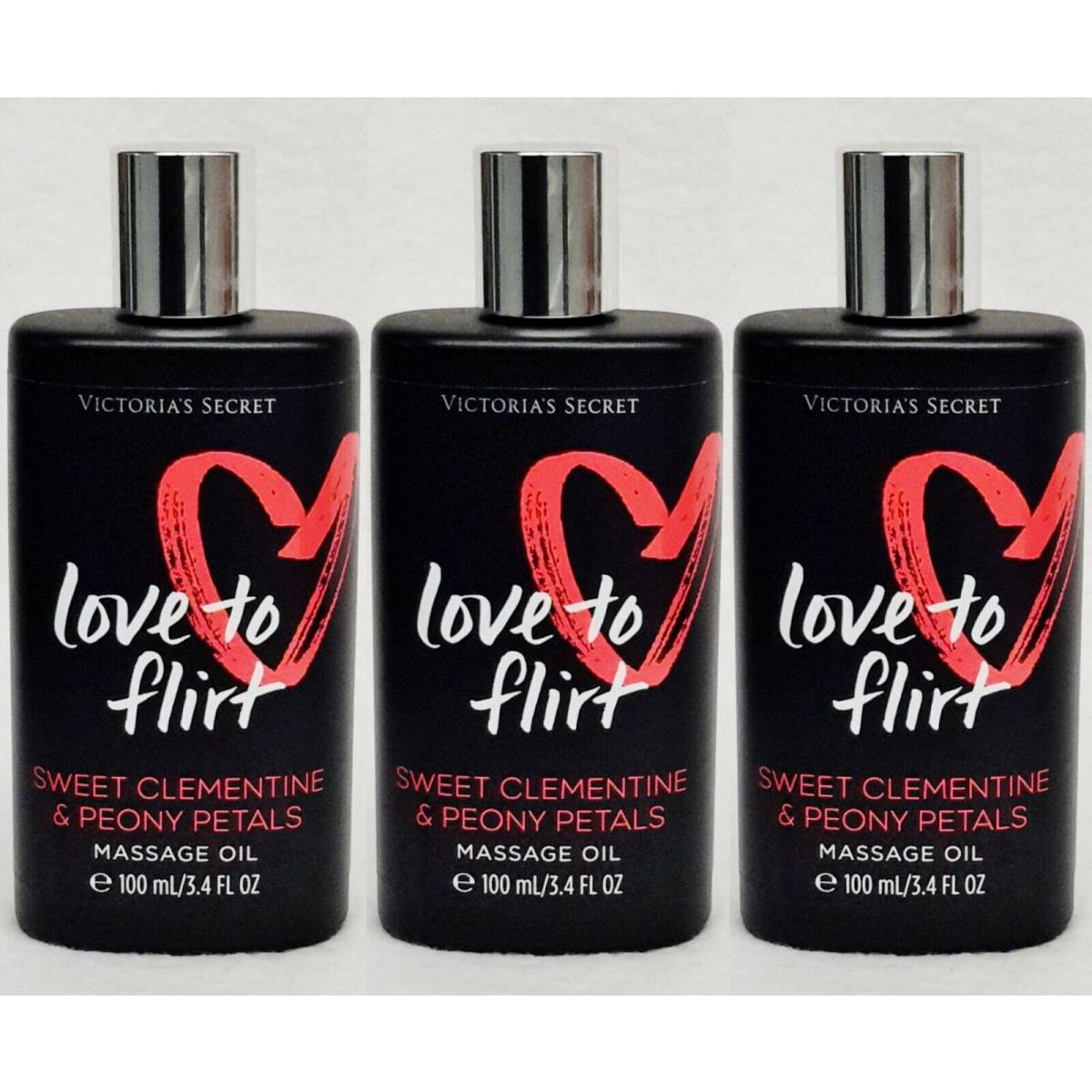 3 Victoria`s Secret Love TO Flirt Clementine Peony Body Massage Oil 3.4 oz Glass