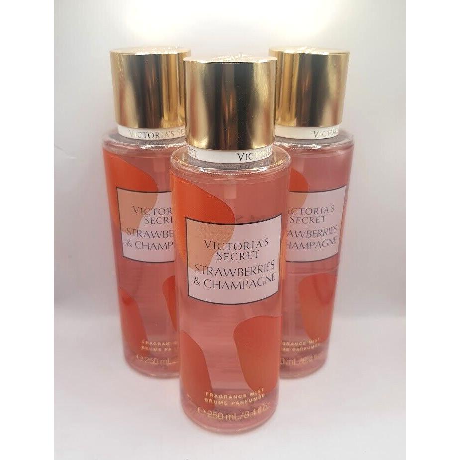 Victoria`s Secret Strawberries Champagne Body Mist 8.4 FL OZ Set OF 3