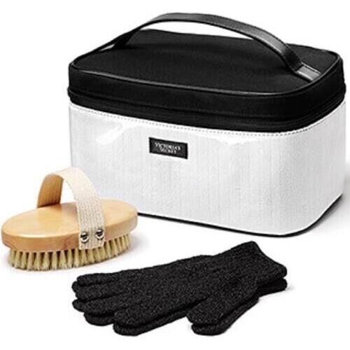 Victoria`s Secret Black White Bath Shower Kit Brush Gloves Train Travel Case