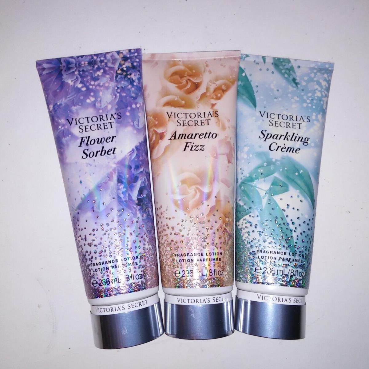 Set of 3 Victoria Secret Body Lotion Amaretto Fizz Sparkling Creme Flower Sorbet