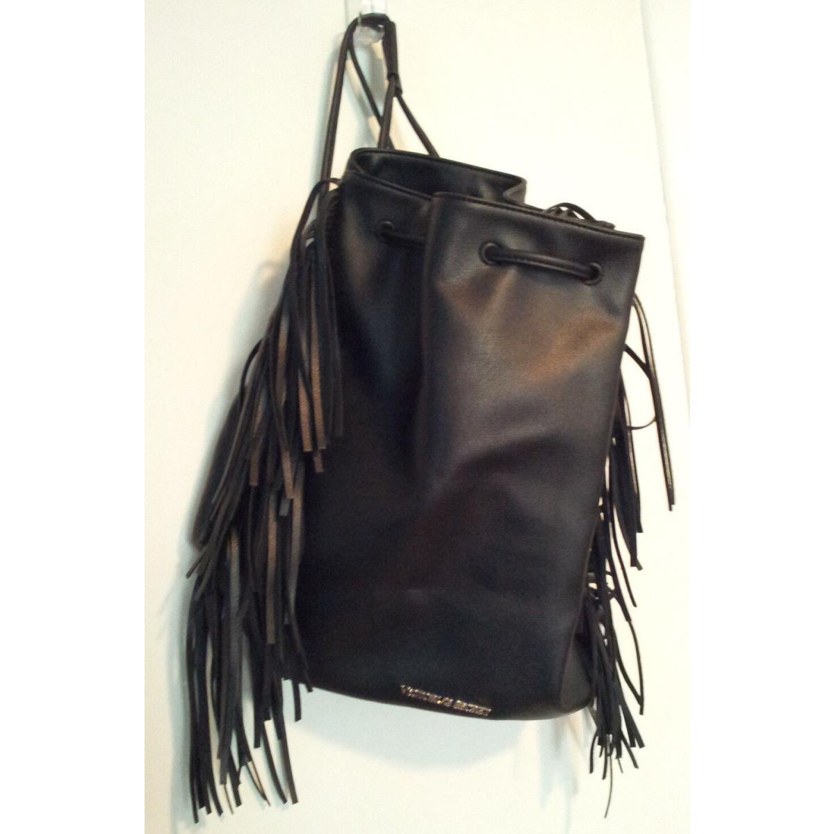 Victoria`s Secret Black Fringed Backpack Purse Leather Drawstring Top Solid