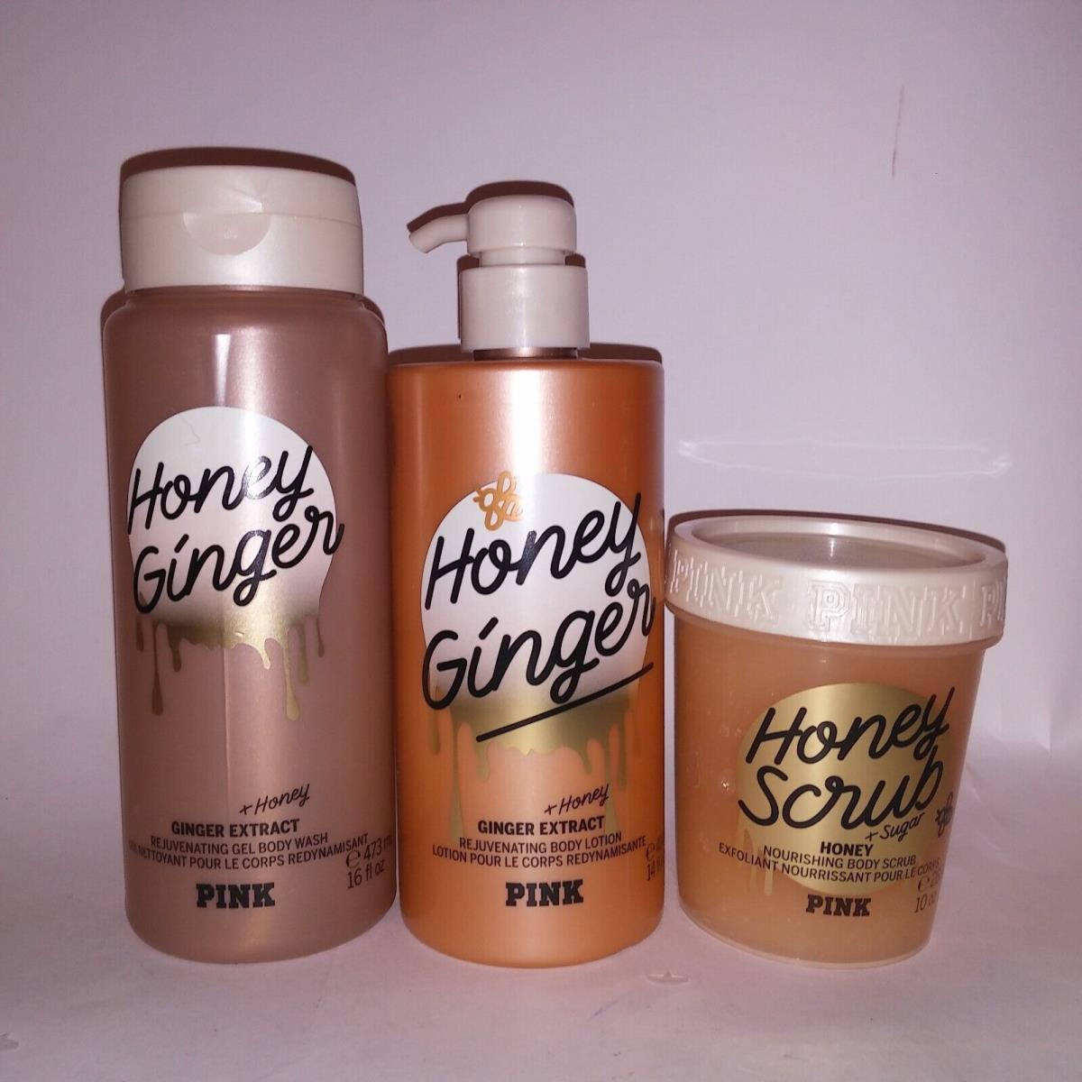 Set of 3 Victoria Secret Pink Honey Ginger Gift Set Body Wash Lotion Scrub